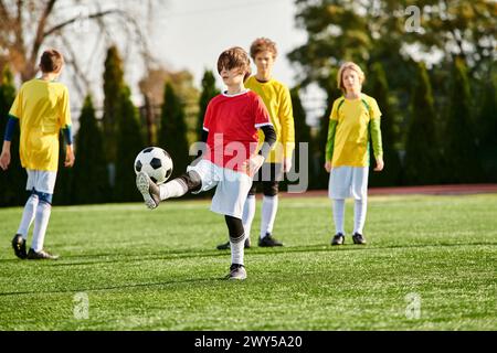Eine Gruppe kleiner Jungs, voller Energie und Enthusiasmus, spielt auf einem grasbewachsenen Feld ein lebhaftes Fußballspiel. Sie laufen, treten und geben den Ball mit Skil Stockfoto