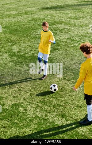 Zwei energiegeladene junge Männer kippen einen Fußball auf einem riesigen grünen Feld enthusiastisch hin und her, ihre schnellen Bewegungen und geschickte Fußarbeit zeigen Stockfoto