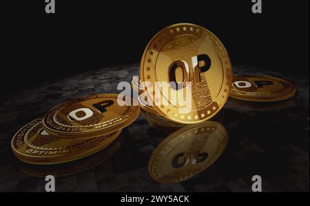 Optimismus OP Kryptowährung Goldmünze auf grünem Bildschirmhintergrund. Abstraktes Konzept 3D-Illustration. Stockfoto