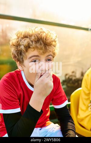 Ein kleiner Junge mit nachdenklichem Ausdruck sitzt auf einer Bank, seine Hand sanft auf seinen Mund gelegt. Stockfoto