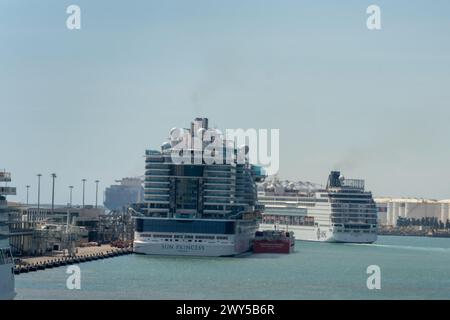 Das Kreuzfahrtschiff MSC Armonia legt im Hafen von Barcelona ab. ​​after wird für 3 Tage im Hafen angedockt, da etwa 60 Bolivianer Visa gefälscht haben. Die Reederei hat beschlossen, ein Schiff aus dem Hafen von Livorno zu schicken, um die bolivianischen Bürger aufzunehmen, während ihre administrative Situation bei der Einwanderung gelöst ist. El crucero MSC Armonia Sale del puerto de Barcelona, después de estar 3 días atracado en el puerto debido a que unas sesenta personas bolivianas tenían el visado falsificado. La Compañia naviera ha decidido enviar un barco desde el puerto de Livorno para alojar Stockfoto