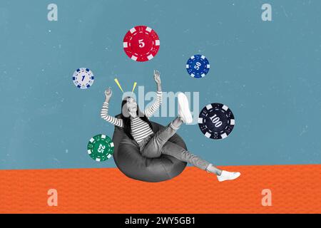 Composite Trend Artwork Skizzenbild 3D Foto Collage von schwarz weiß junge Dame spielen spielen spielen auf Sitzsack Casino Chip fliegen herum Stockfoto