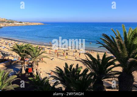 19. November 2023 - Costa Calma, Fuerteventura in Spanien: Blick auf den Strand Costa Calma mit Touristen Stockfoto