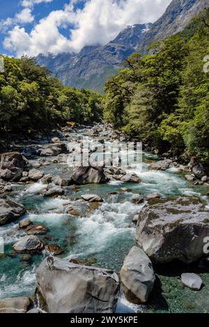 Tutoko River und Blick in Richtung Mount Madeline, nahe Milford Sound, Fiordland National Park, Southland, Südinsel, Neuseeland Stockfoto