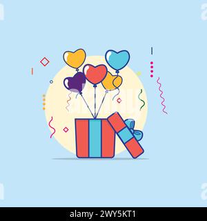 Öffnen Sie Geschenkbox mit Ballons Illustration isoliert flach Cartoon Vektor Design. Konzept Des Symbols „Festungsobjekt“. Geschenkbox, die auf Ballons fliegt. Konzept von Stock Vektor