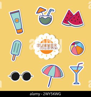 Sommer Sticker Kollektion. Sommerferien Niedliche Designelemente. Farbenfrohes Sommerzeitkonzept Stock Vektor