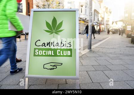 FOTOMONTAGE, Aufsteller mit Hanfblatt und Aufschrift Cannabis Social Club *** FOTOMONTAGE, Display mit Hanfblatt und Cannabis Social Club Inschrift Stockfoto