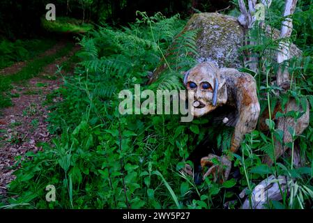 Holzskulptur in der Nähe von Ferreira de Panton, Lugo, Spanien Stockfoto