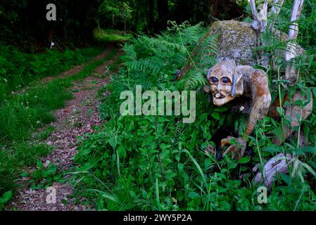 Holzskulptur in der Nähe von Ferreira de Panton, Lugo, Spanien Stockfoto