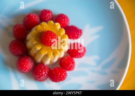 Creme Caramel mit Himbeeren. Ansicht schließen. Stockfoto