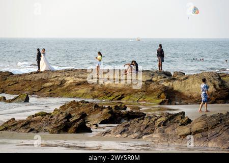 Indien, Goa, Anjuna, Abendstimmung am Ozran Beach (Little Vagator Beach), Stockfoto