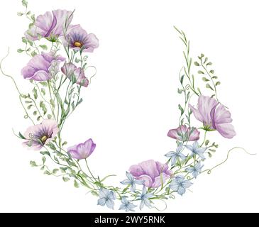Wildblumenkranz in Aquarellen. Botanische Anordnung von Wildblumen und Kräutern. Sommerliche Blumenkomposition Stockfoto