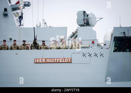 Die Fregatte Iver Huitfeldt kommt am Donnerstag, 4. April 2024, im Basishafen der Marinestation Korsoer an. Seit Februar 2024 ist die dänische Fregatte Iver Huitfeldt im Rahmen der internationalen Koalitionsoperation Prosperity Guardian im Roten Meer stationiert. Aufgabe der Koalition ist es, die zivile Schifffahrt vor Angriffen der Huthi-Bewegung im Jemen zu schützen. (Foto: Ida Marie Odgaard/Ritzau Scanpix) Stockfoto