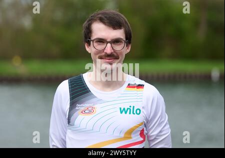 Dortmund, Deutschland. April 2024. Rudern: Vorstellung der Deutschen Acht: Coxswain Jonas Wiesen. Quelle: Bernd Thissen/dpa/Alamy Live News Stockfoto