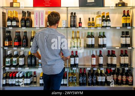 Ein junger Mann schaut sich die Weinausstellung in der Bodega Lopez, Mendoza, Provinz Mendoza, Argentinien an. Stockfoto