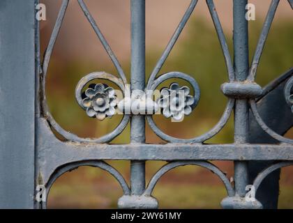 Antikes, maßgeschneidertes hellblaues Eingangstor aus Schmiedeeisen in Bergheim, Elsass Frankreich. Stockfoto