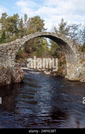 Alte Packhorse Bridge in Carrbridge im Cairngorms National Park, erbaut 1717 im Auftrag des Chief of Clan Grant über den Fluss Dulnain Stockfoto