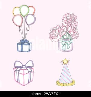 Eine handgezeichnete Geburtstagskarte mit bunten Ballons und eingewickelten Geschenken symbolisiert Feier und Freude. Die Karte ist wunderschön mit festlichen Elementen dekoriert Stock Vektor