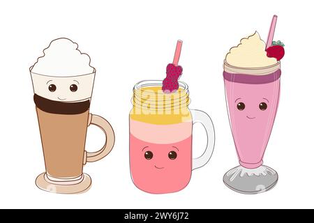 Drei Getränke sind abgebildet, auf denen jeweils ein eigenes Emoticon-Gesicht gezeichnet ist. Die Getränke scheinen verschiedene Emotionen oder Persönlichkeiten durch ihre Gesichtszüge auszudrücken Stock Vektor