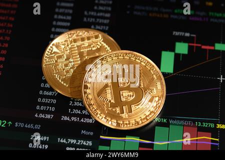 Bitcoin Kryptowährung Goldmünze. Entwicklung der Bitcoin-Wechselkurse. Stockfoto