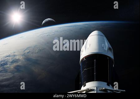 Frachtraum-Raumschiff in der Erdumlaufbahn. Elemente dieses Bildes, die von der NASA eingerichtet wurden. Stockfoto