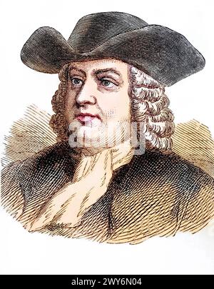 William Penn geb. 14. Oktober 1644 in London. 30. Juli 1718 in Ruscombe, Berkshire gründete die Kolonie Pennsylvania im Gebiet der heutigen USA, Stockfoto