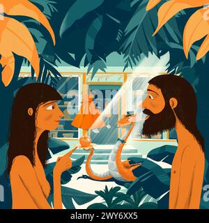 Adam und Eva im Garten Eden werden von einem Portier in einem Bekleidungsgeschäft verführt. Comic-Charaktere in einer lustigen Geschichte. Stockfoto