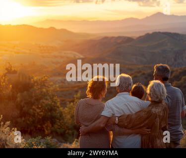 Eine Gruppe von Menschen steht auf einem Hügel und genießt den Sonnenuntergang. Die Szene ist friedlich und ruhig, da alle Leute lächeln und sich umarmen Stockfoto