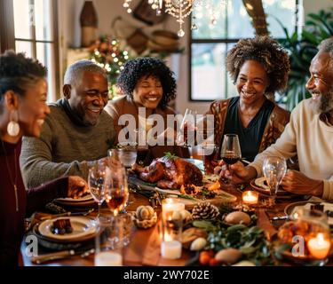 Eine Familie versammelt sich um einen Tisch mit einem truthahn und Weingläsern. Sie lächeln und genießen die Gesellschaft des anderen Stockfoto