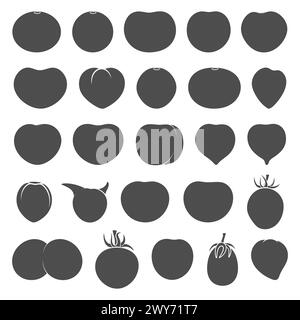 Satz von Schwarzweiß-Illustrationen mit Tomaten. Isolierte Vektorobjekte auf weißem Hintergrund. Stock Vektor