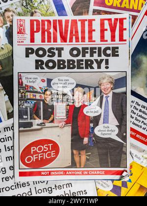 „Postraub!“ Titelseite des Magazins Private Eye in der Ausgabe vom 19. Januar bis 1. Februar 2024 (Nr. 1615). Stockfoto