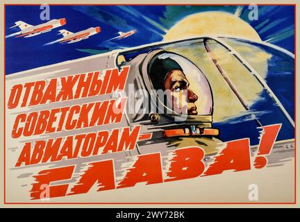 UdSSR 1950er/1960er Jahre Propaganda des Kalten Krieges, die die russische UdSSR-Technologie in der Luftfahrt illustriert. "Auf die tapferen sowjetischen Flieger... CAABA! MIG 17F russisches Kampfflugzeug Stockfoto