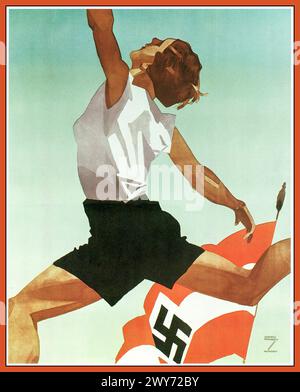 Nazi-Propaganda-Poster der 1930er Jahre, das die Nazi-Hakenkreuz-Flagge mit Gesundheit Wohlbefinden und Sport verbindet. Von produktivem Nazi-Regimekünstler : Ludwig Hohlwein München Nazi-Deutschland-Poster, Entwurf Ludwig Hohlwein / München) um 1936. Stockfoto