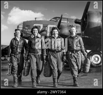 WW2 1944 amerikanische WASP-Piloten (Women Airforce Service Pilots) vor ihrem B-17-Bomber Pistol Packin’ Mama. Sie haben Fallschirme in den Händen. Stilvolles Propaganda-Motivationsfoto. Diese Mädchen sind Kadetten an einer Flugschule in Lockbourne, Ohio, wo sie trainiert werden, B-17 zu fliegen Von links nach rechts: Frances Green, Margaret (Peg) Kirchner, Ann Waldner und Blanche Osborn. WESPENPILOTEN vor USAAF B-17 „Pistol Packin Mama“ Stockfoto