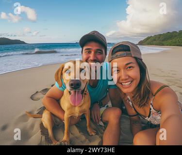 Ein Mann und eine Frau stehen am Strand und posieren mit einem Hund neben ihnen. Das Paar und ihr Haustier genießen den sonnigen Tag am Wasser. Stockfoto