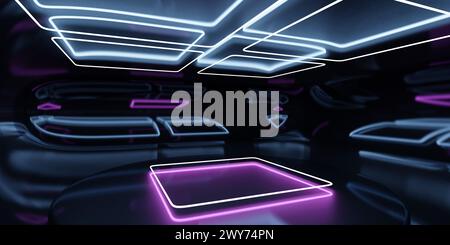 Futuristisches Neonlicht-Interieur mit abstrakten Designelementen 3D-Rendering-Illustration Stockfoto