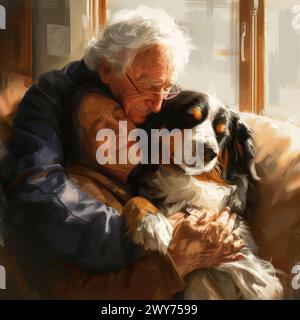 Ein Gemälde eines älteren Mannes und einer Frau, die einen Hund liebevoll umarmen. Stockfoto