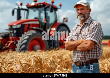 Ein Mann steht zuversichtlich vor einem großen Traktor, der auf einem riesigen Feld mit Erntegut unter freiem Himmel geparkt ist. Stockfoto