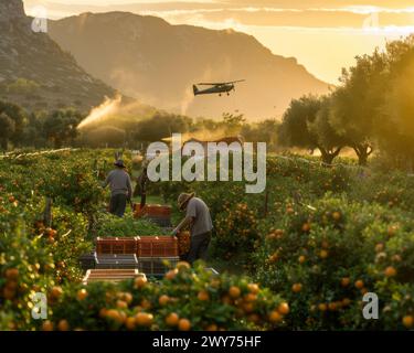 Gruppe von verschiedenen Individuen, die reife Früchte auf einem riesigen Feld ernten. Stockfoto