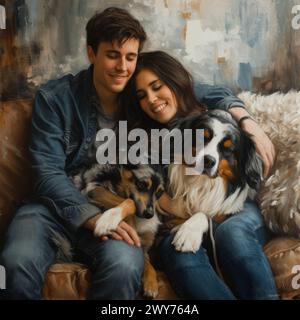 Ein Mann und eine Frau sitzen auf einer Couch mit zwei Hunden. Stockfoto