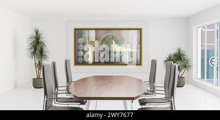 Moderner Konferenzraum mit ovalem Holztisch und verchromten Stühlen unter Kunstwerk 3D-Rendering-Illustration Stockfoto