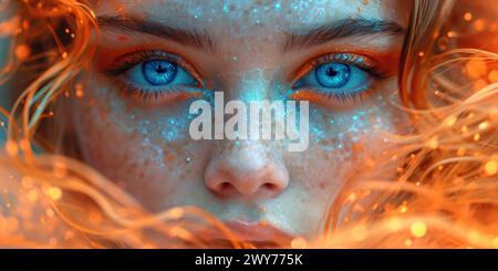 Eine Frau mit auffälligen blauen Augen und leuchtend orangefarbenen Haaren hebt sich vor einem schlichten Hintergrund ab. Stockfoto