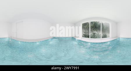 Zimmer mit Pool und großem Fenster, 360 Panorama-vr-Umgebungsplan Stockfoto