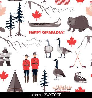 Happy National Day of Canada, nahtloses Muster mit kanadischen Symbolen. Biber, Gans, Kanu, Tipi, Hockey, königliche Polizei, Ahornblätter und Berge Stock Vektor