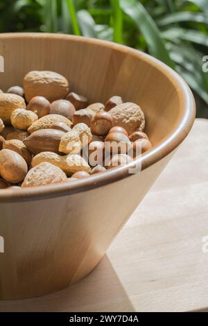 Verschiedene Nüsse in einer großen Holzschüssel auf einem blattgrünen Hintergrund Stockfoto