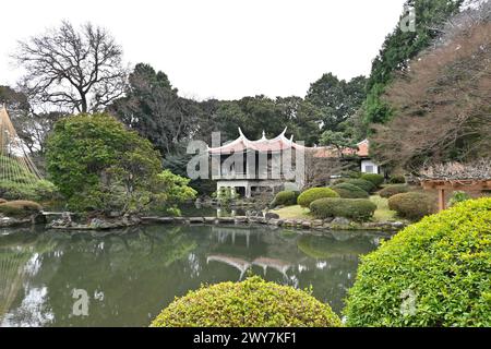 Kyu-Goryo-Tei (Taiwan Pavillon) im Shinjuku Gyo-en National Garden – Shinjuku, Tokio, Japan – 29. Februar 2024 Stockfoto