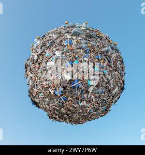 3D-Rendering eines kleinen Planeten, der vollständig von Müll und Trümmern über dem blauen Himmel bedeckt ist Stockfoto