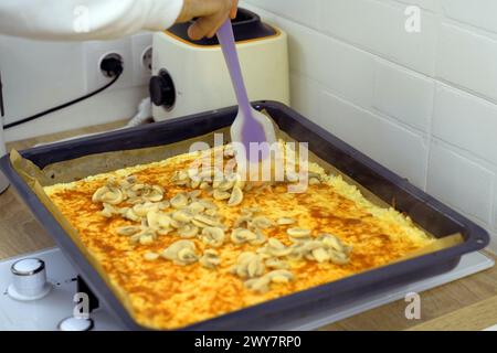 Aus nächster Nähe eine käsige Pizza mit Pilzbelag, frisch gebacken und noch in der Pfanne, mit einem Schneidespachtel. Stockfoto