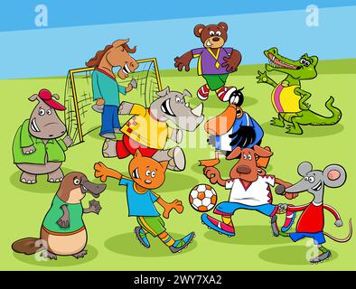 Cartoon-Illustrationen von Tierfußballfiguren oder Fußballspielern, die ein Spiel auf dem Spielfeld spielen Stock Vektor