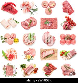 Collage aus frischem Fleisch auf weißem Hintergrund Stockfoto
